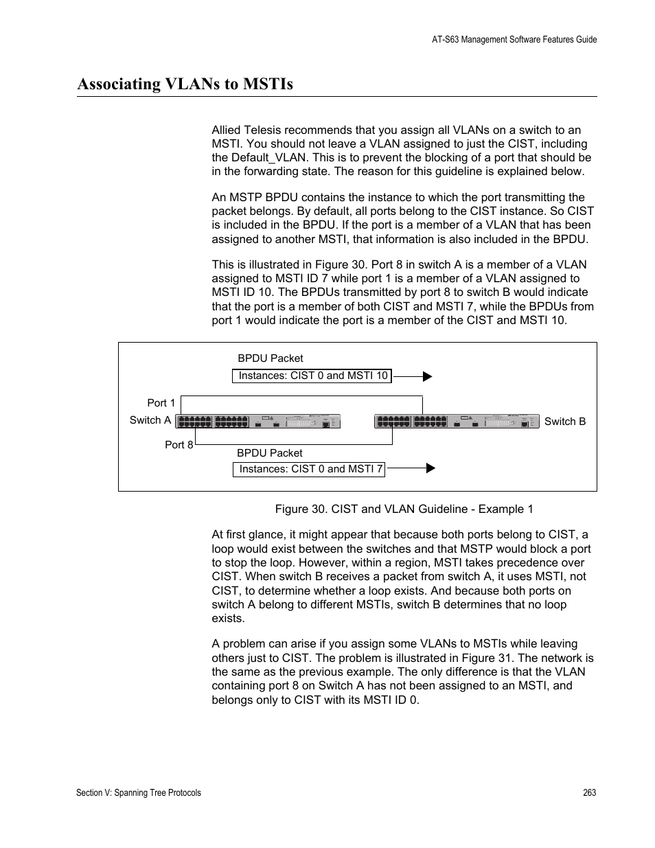 Associating vlans to mstis, Figure 30: cist and vlan guideline - example 1 | Allied Telesis AT-S63 User Manual | Page 263 / 538