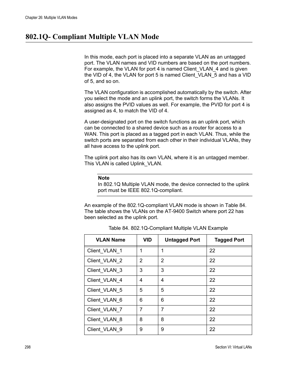1q- compliant multiple vlan mode, Table 84: 802.1q-compliant multiple vlan example | Allied Telesis AT-S63 User Manual | Page 298 / 538