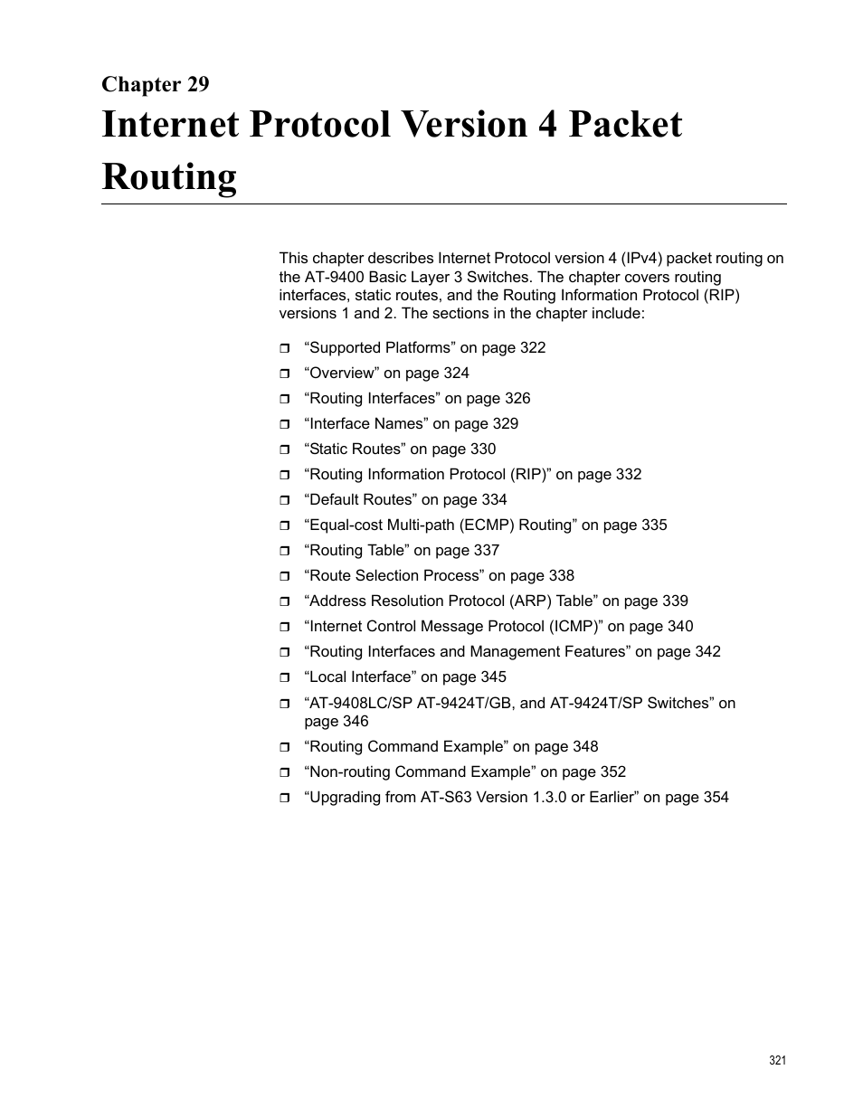 Chapter 29, Internet protocol version 4 packet routing | Allied Telesis AT-S63 User Manual | Page 321 / 538