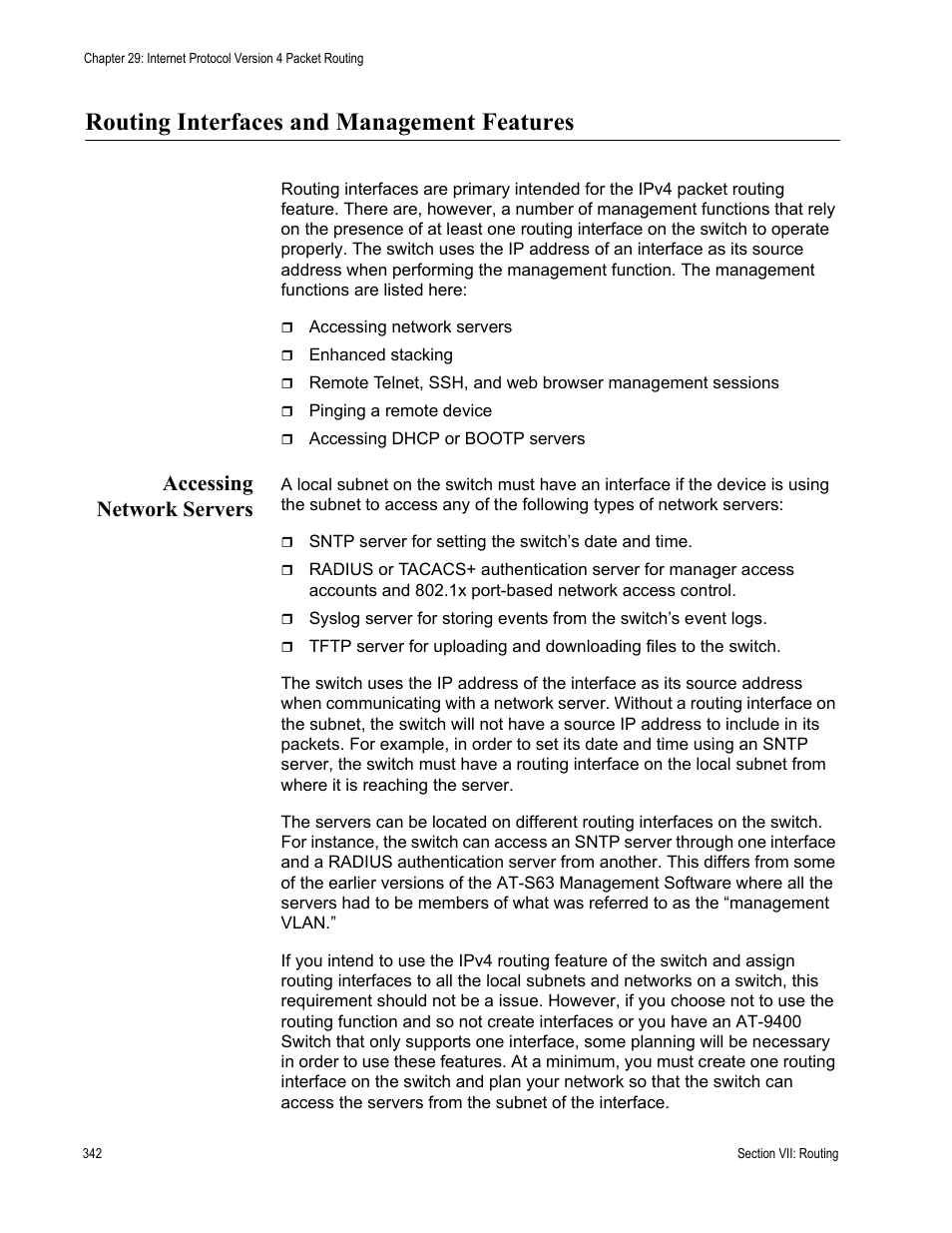 Routing interfaces and management features, Accessing network servers | Allied Telesis AT-S63 User Manual | Page 342 / 538