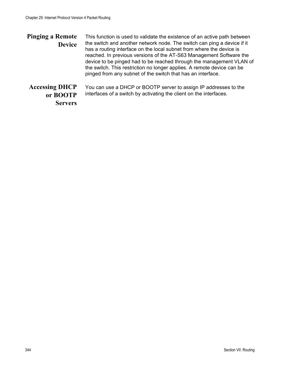 Pinging a remote device, Accessing dhcp or bootp servers | Allied Telesis AT-S63 User Manual | Page 344 / 538