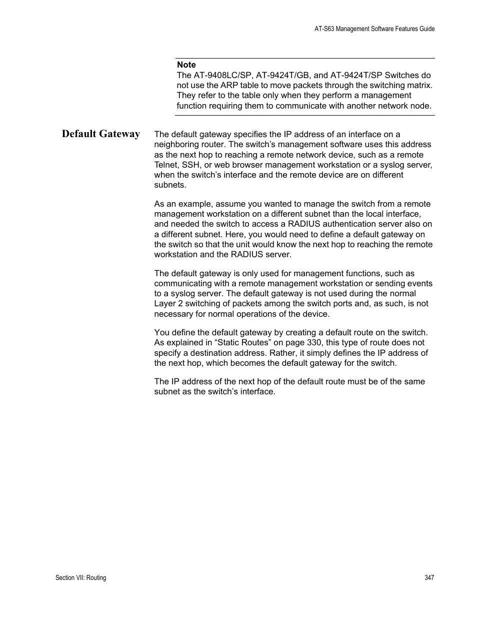 Default gateway | Allied Telesis AT-S63 User Manual | Page 347 / 538