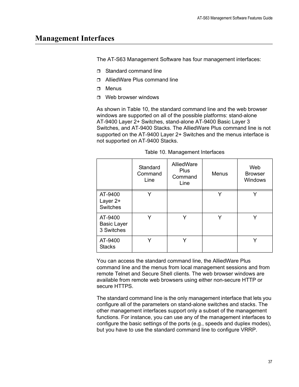 Management interfaces, Table 10: management interfaces | Allied Telesis AT-S63 User Manual | Page 37 / 538