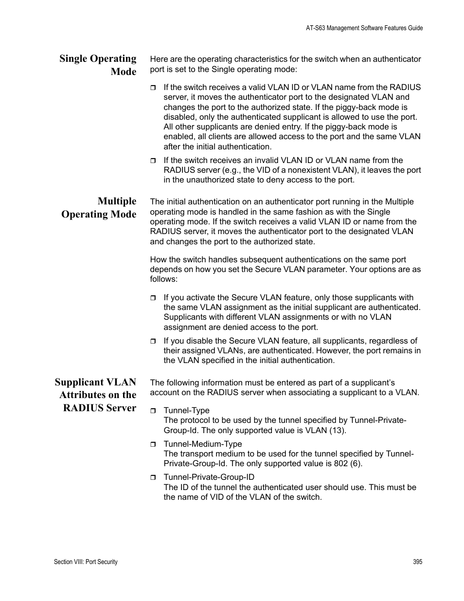 Single operating mode, Multiple operating mode, Supplicant vlan attributes on the radius server | Allied Telesis AT-S63 User Manual | Page 395 / 538