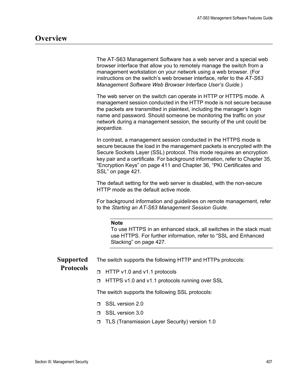 Overview, Supported protocols | Allied Telesis AT-S63 User Manual | Page 407 / 538
