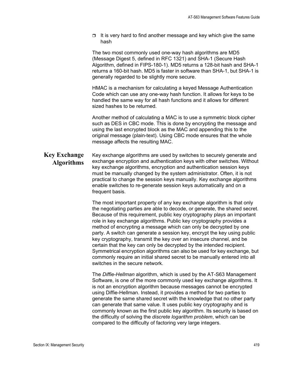 Key exchange algorithms | Allied Telesis AT-S63 User Manual | Page 419 / 538