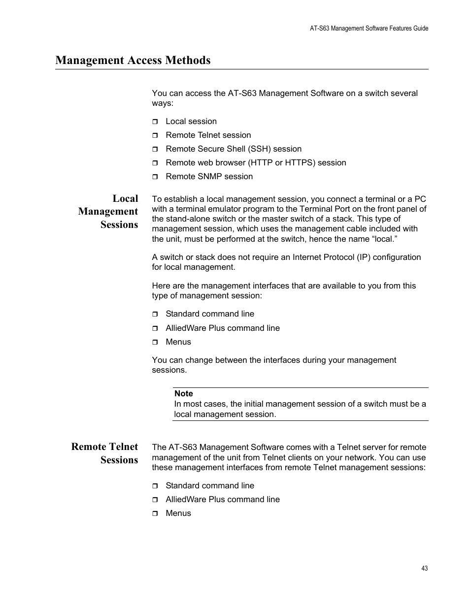 Management access methods, Local management sessions, Remote telnet sessions | Local management sessions remote telnet sessions | Allied Telesis AT-S63 User Manual | Page 43 / 538