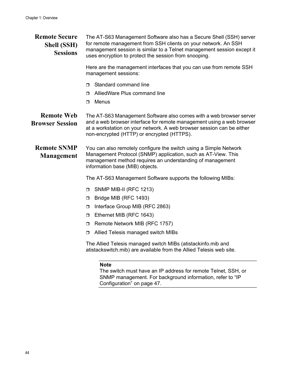 Remote secure shell (ssh) sessions, Remote web browser session, Remote snmp management | Allied Telesis AT-S63 User Manual | Page 44 / 538