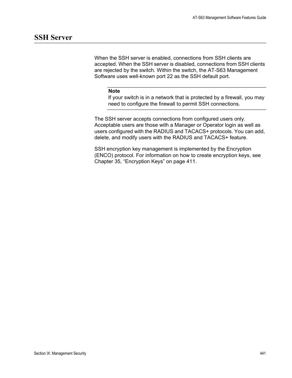 Ssh server | Allied Telesis AT-S63 User Manual | Page 441 / 538