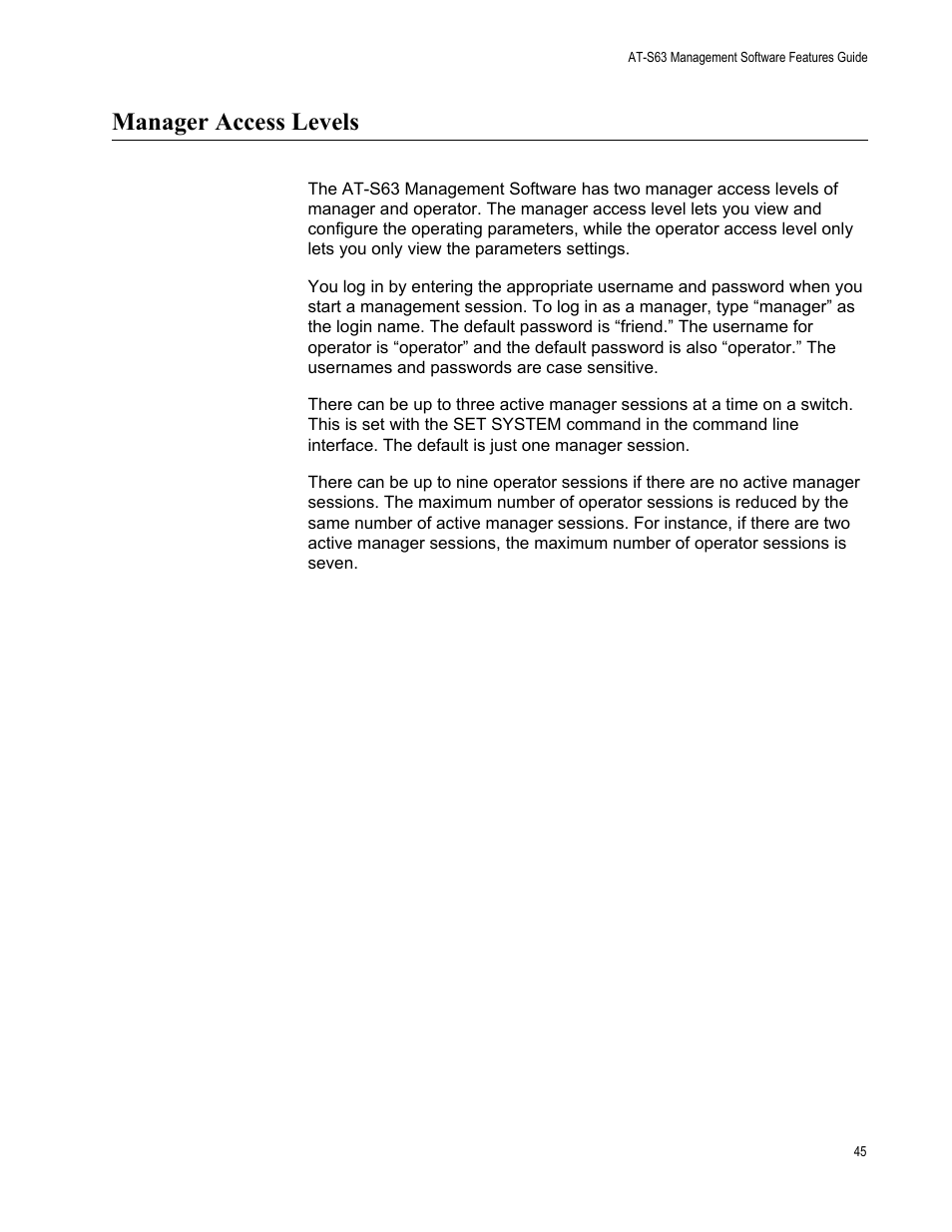 Manager access levels | Allied Telesis AT-S63 User Manual | Page 45 / 538