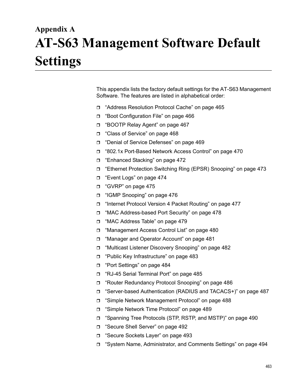 Appendix a, At-s63 management software default settings | Allied Telesis AT-S63 User Manual | Page 463 / 538