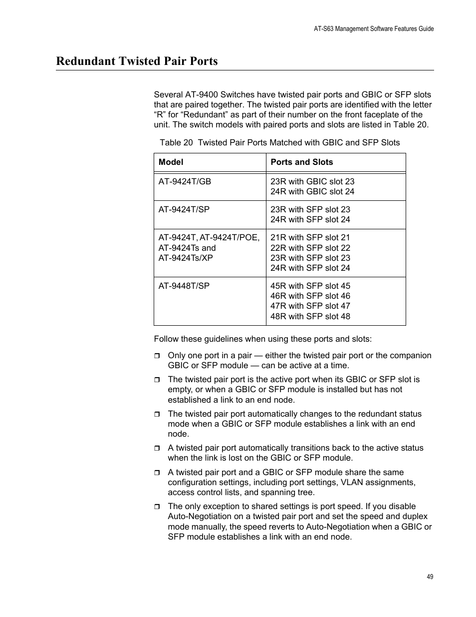 Redundant twisted pair ports | Allied Telesis AT-S63 User Manual | Page 49 / 538