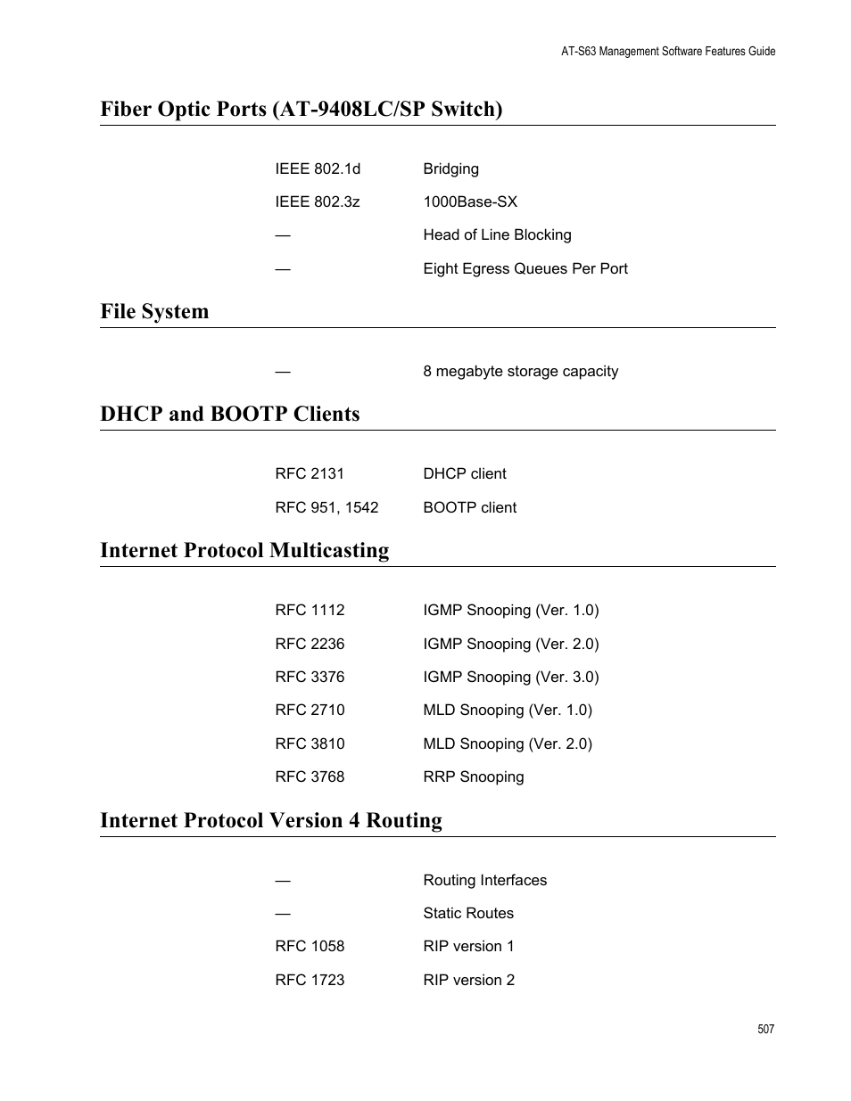 Fiber optic ports (at-9408lc/sp switch), File system, Dhcp and bootp clients | Internet protocol multicasting, Internet protocol version 4 routing | Allied Telesis AT-S63 User Manual | Page 507 / 538