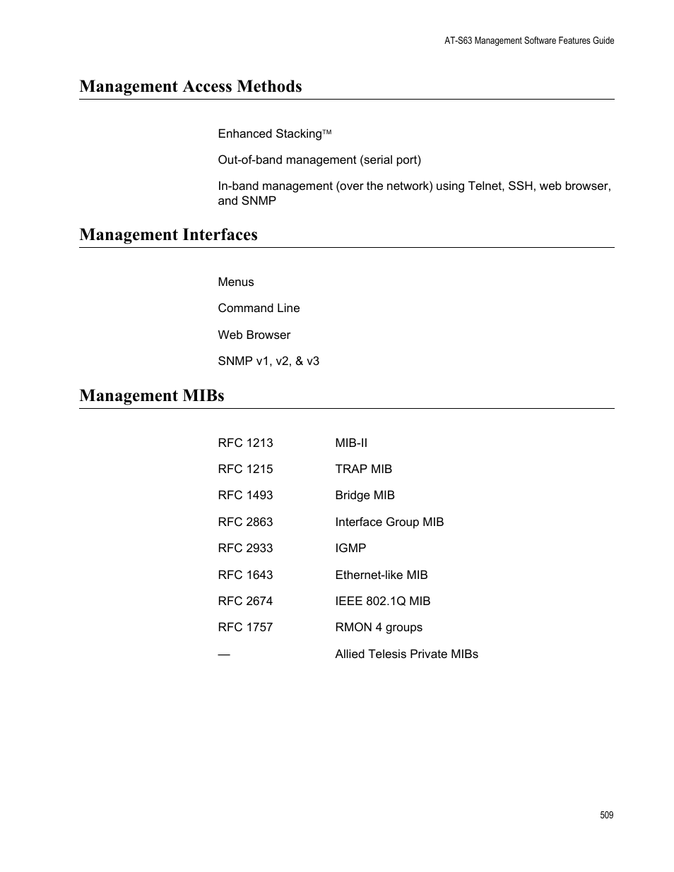 Management access methods, Management interfaces, Management mibs | Allied Telesis AT-S63 User Manual | Page 509 / 538