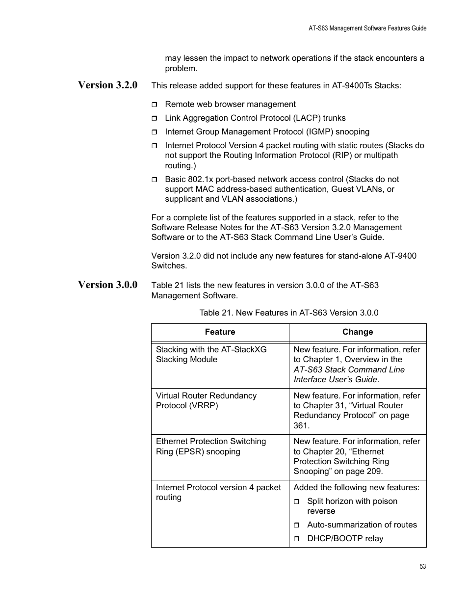 Version 3.2.0, Version 3.0.0, Version 3.2.0 version 3.0.0 | Table 21: new features in at-s63 version 3.0.0 | Allied Telesis AT-S63 User Manual | Page 53 / 538