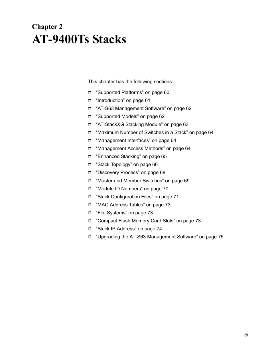 Chapter 2, At-9400ts stacks, R 2: at-9400ts stacks | Allied Telesis AT-S63 User Manual | Page 59 / 538