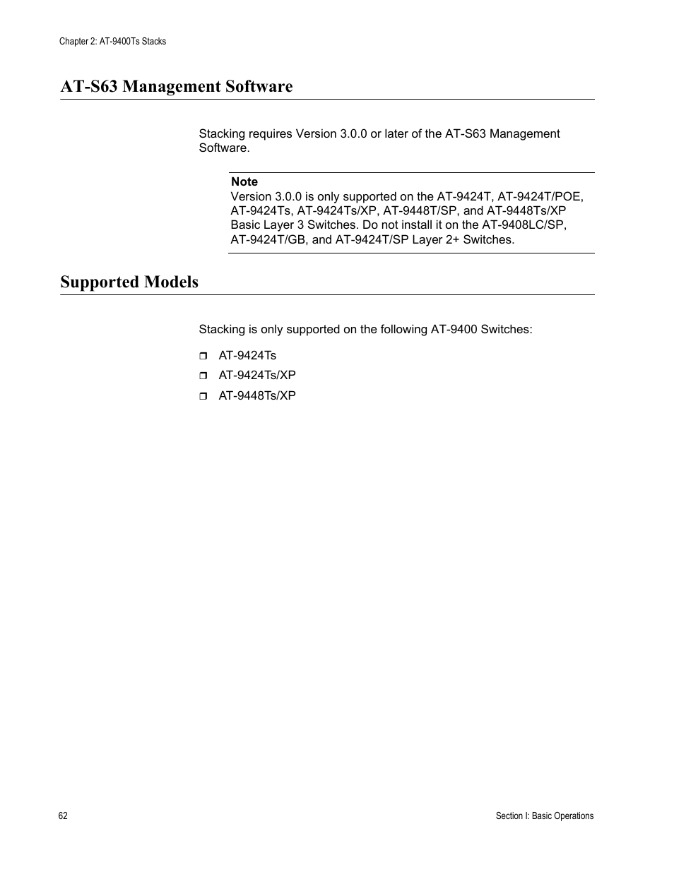 At-s63 management software, Supported models, At-s63 management software supported models | Allied Telesis AT-S63 User Manual | Page 62 / 538