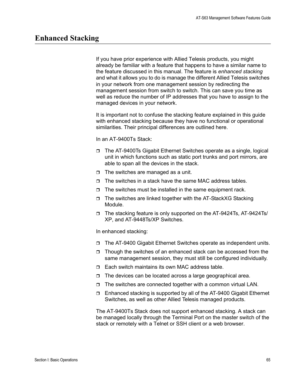 Enhanced stacking | Allied Telesis AT-S63 User Manual | Page 65 / 538