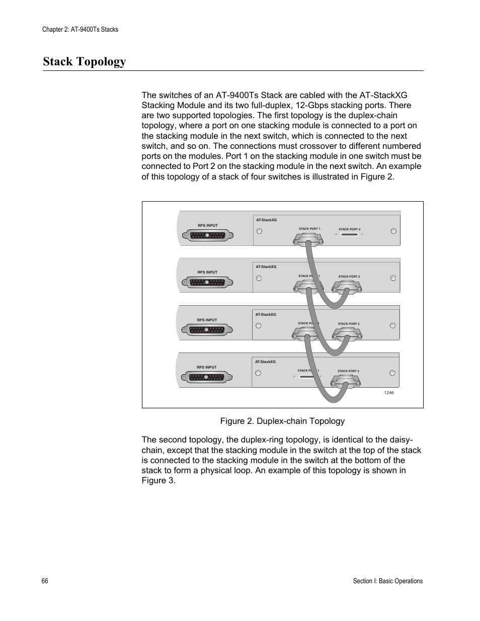 Stack topology, Figure 2: duplex-chain topology | Allied Telesis AT-S63 User Manual | Page 66 / 538