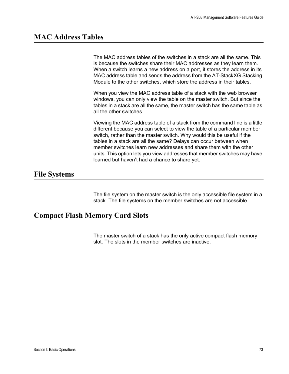 Mac address tables, File systems, Compact flash memory card slots | Allied Telesis AT-S63 User Manual | Page 73 / 538