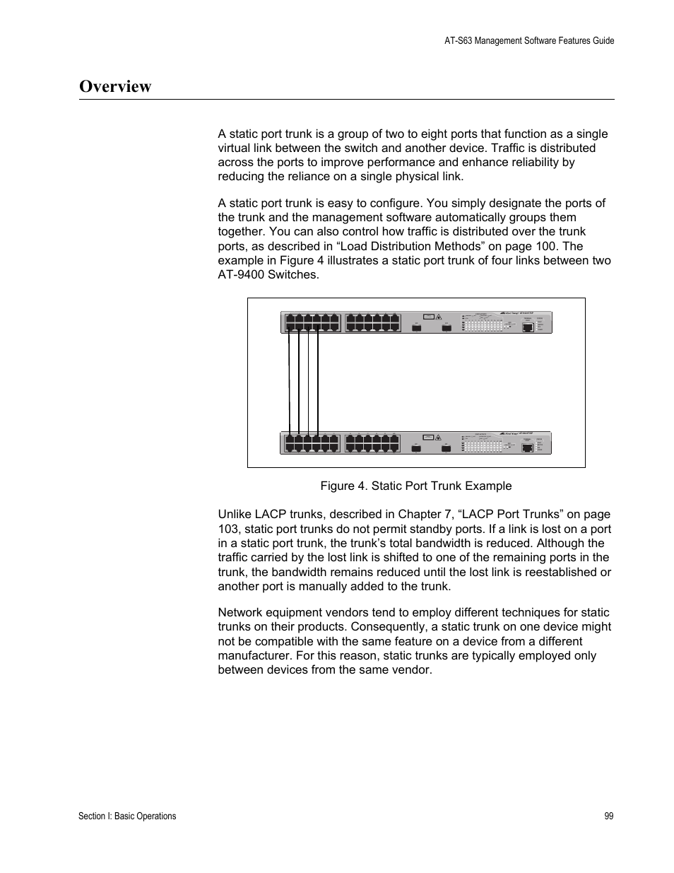 Overview, Figure 4: static port trunk example | Allied Telesis AT-S63 User Manual | Page 99 / 538