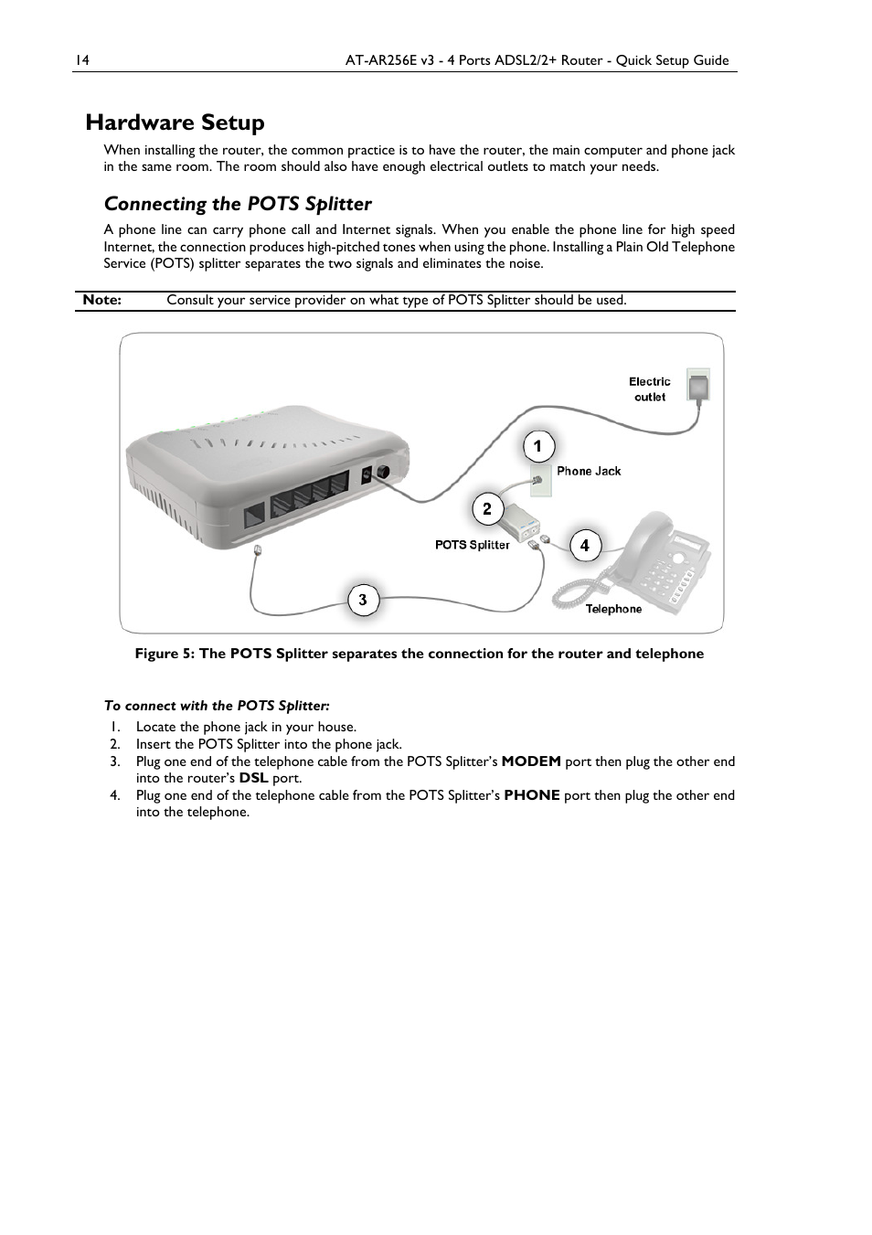 Hardware setup, Connecting the pots splitter | Allied Telesis AT-AR256E v3 User Manual | Page 14 / 18