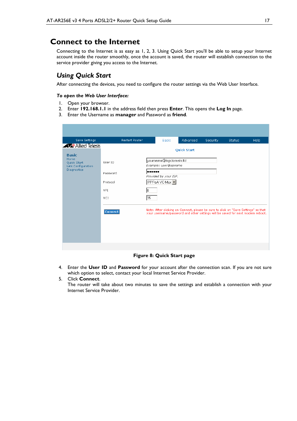 Connect to the internet, Using quick start | Allied Telesis AT-AR256E v3 User Manual | Page 17 / 18