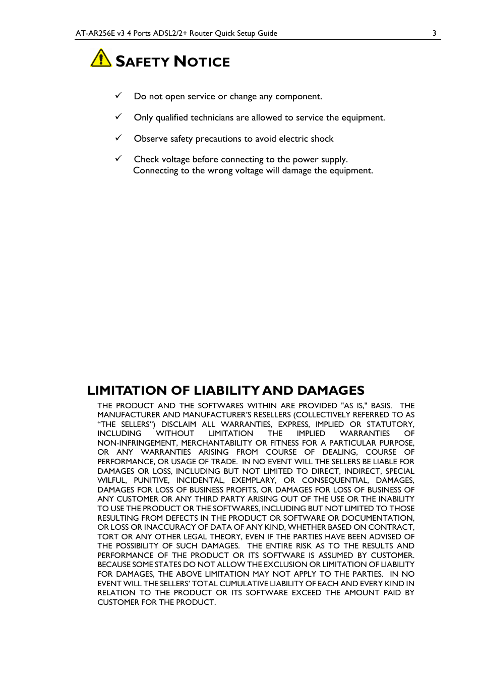 Afety, Otice, Limitation of liability and damages | Allied Telesis AT-AR256E v3 User Manual | Page 3 / 18
