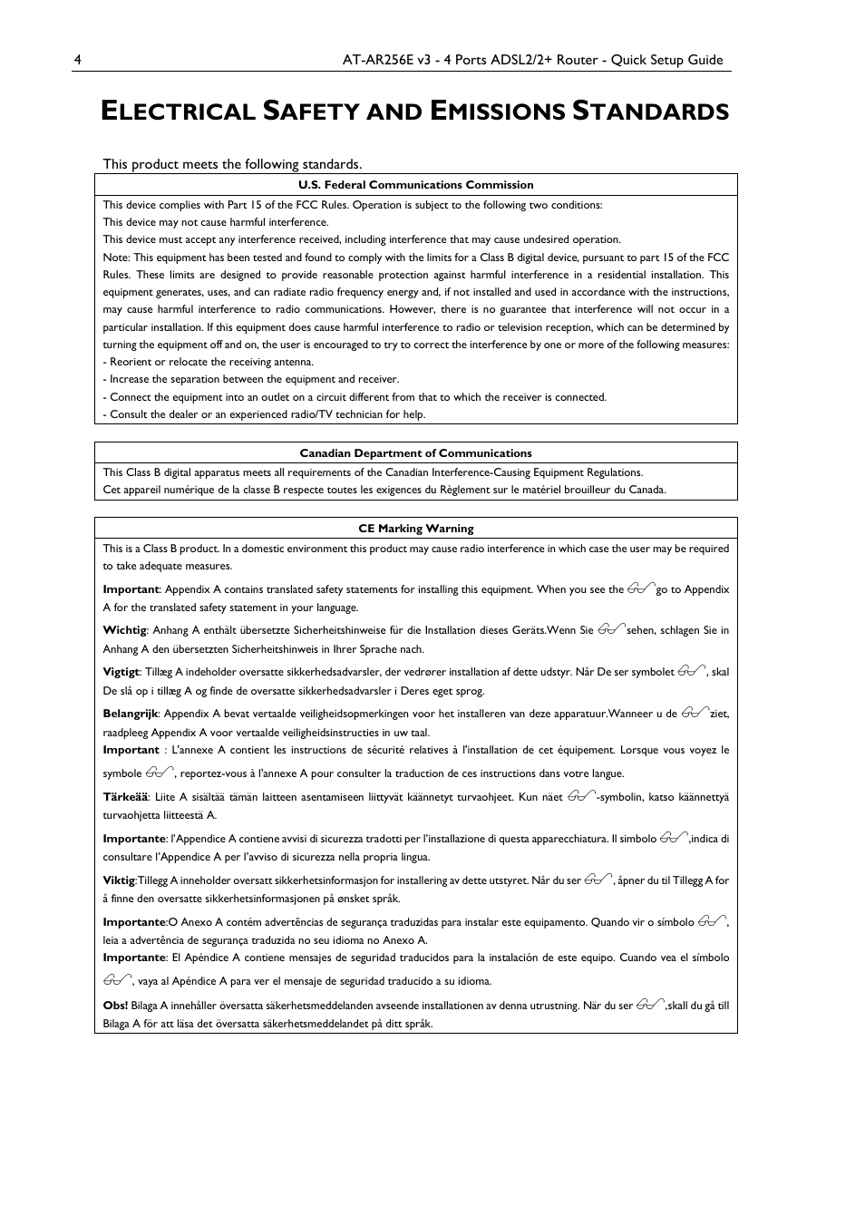 Lectrical, Afety and, Missions | Tandards | Allied Telesis AT-AR256E v3 User Manual | Page 4 / 18