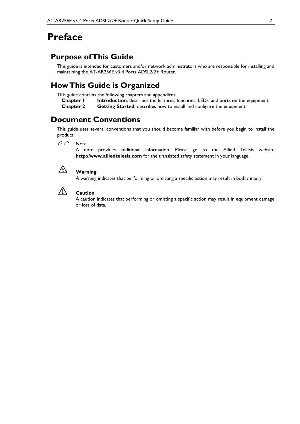 Preface, Purpose of this guide, How this guide is organized | Document conventions | Allied Telesis AT-AR256E v3 User Manual | Page 7 / 18