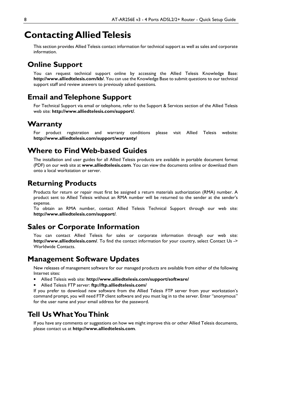 Contacting allied telesis, Online support, Email and telephone support | Warranty, Where to find web-based guides, Returning products, Sales or corporate information, Management software updates, Tell us what you think | Allied Telesis AT-AR256E v3 User Manual | Page 8 / 18