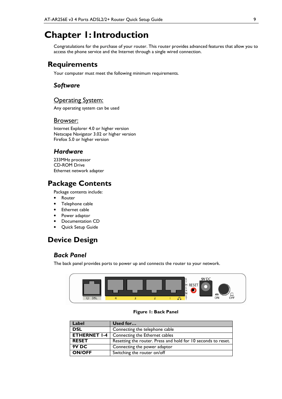 Chapter 1: introduction, Requirements, Package contents | Device design, Software operating system, Browser, Hardware, Back panel | Allied Telesis AT-AR256E v3 User Manual | Page 9 / 18