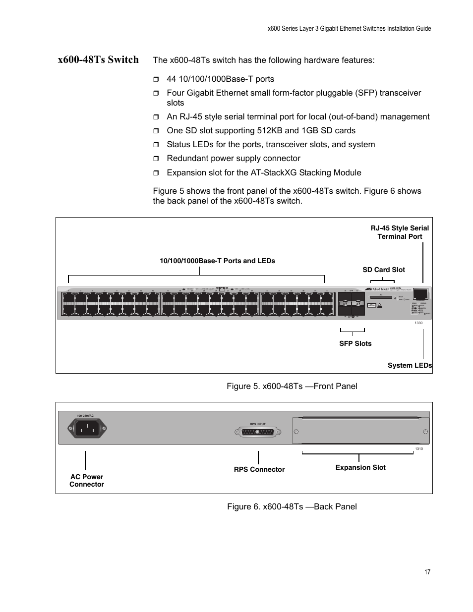 X600-48ts switch, One sd slot supporting 512kb and 1gb sd cards, Redundant power supply connector | Class 1 laser product | Allied Telesis x600-48Ts/XP User Manual | Page 17 / 72