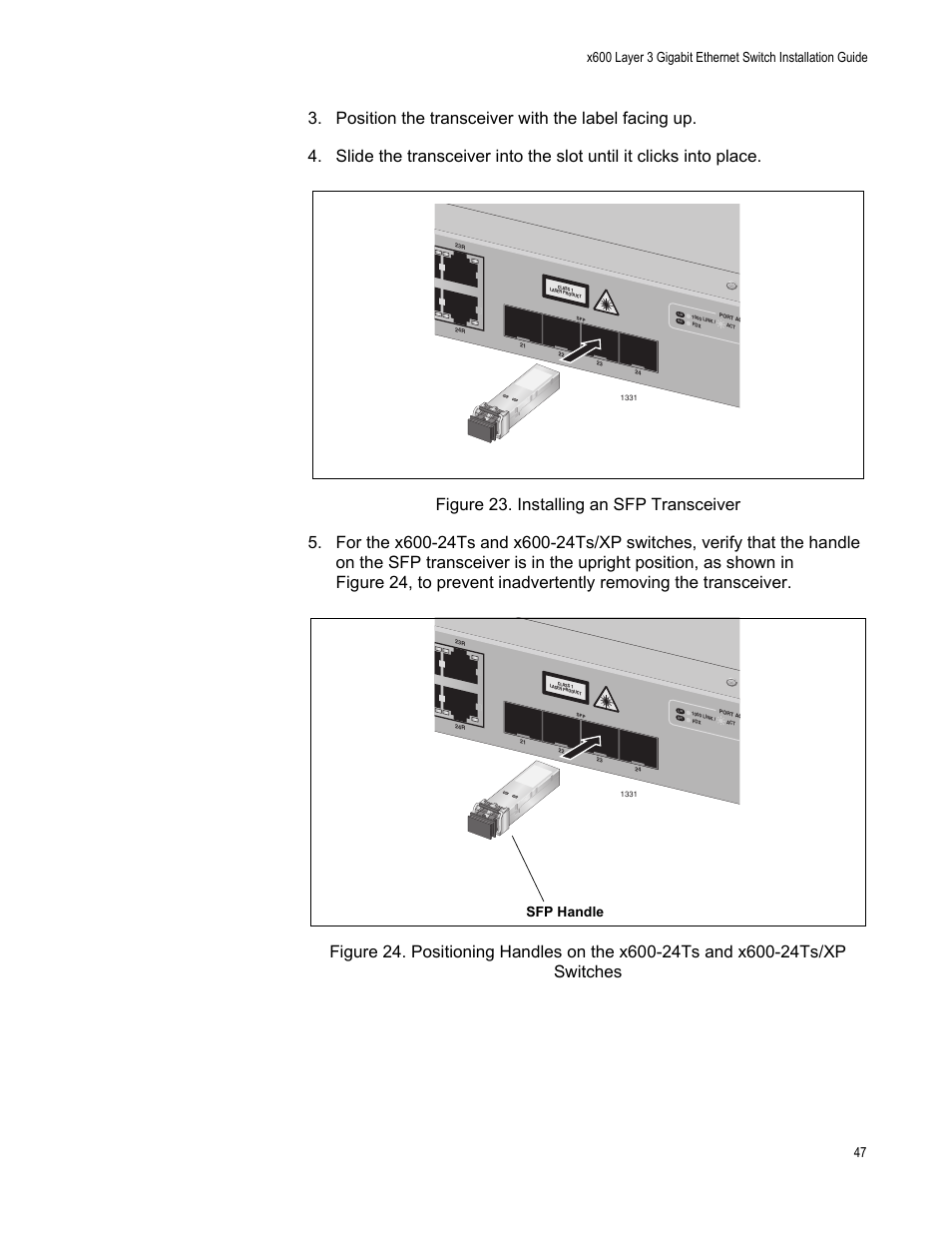 Sfp handle | Allied Telesis x600-48Ts/XP User Manual | Page 47 / 72