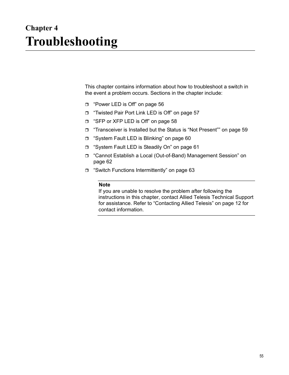 Chapter 4, Troubleshooting, R 4: troubleshooting | Allied Telesis x600-48Ts/XP User Manual | Page 55 / 72