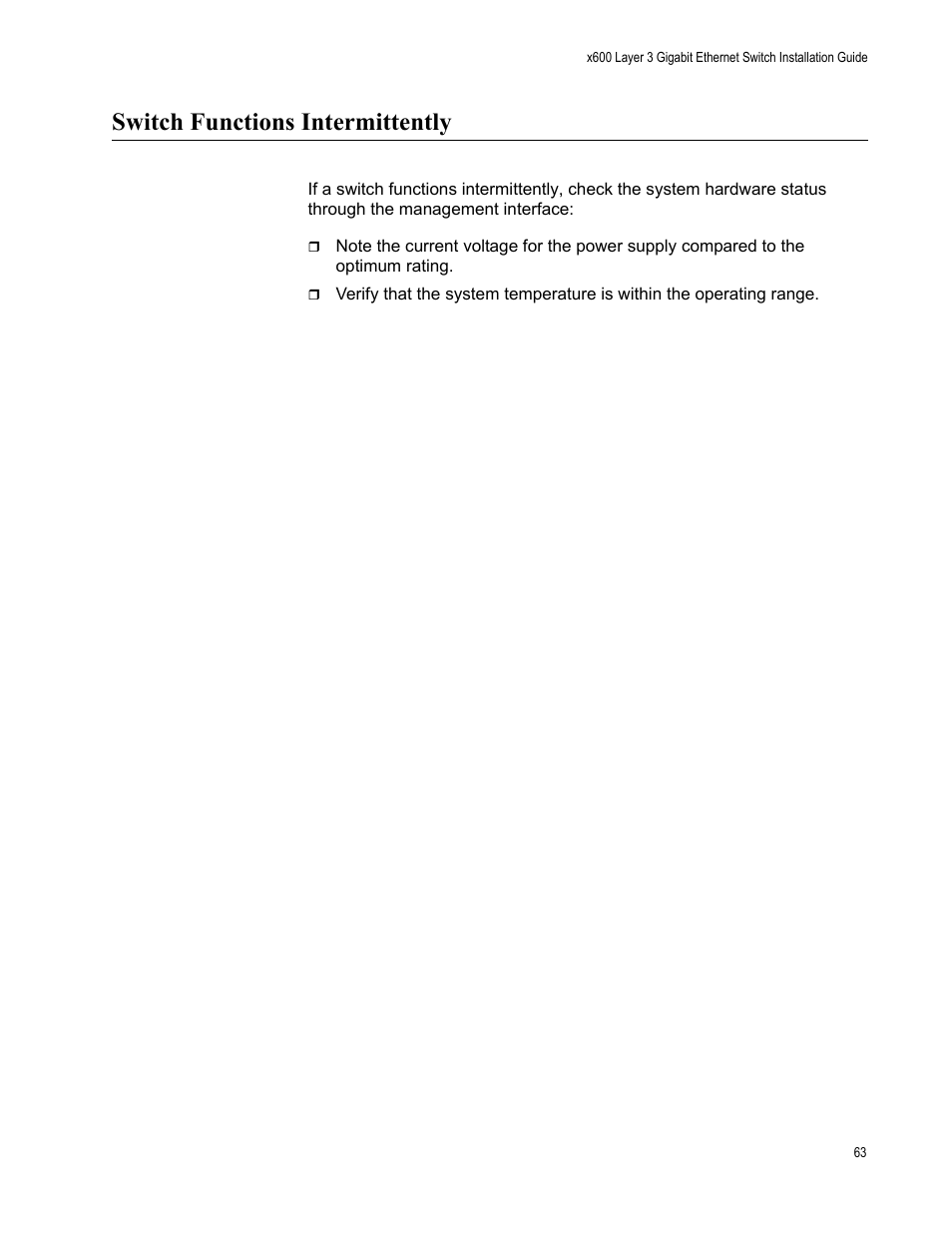 Switch functions intermittently | Allied Telesis x600-48Ts/XP User Manual | Page 63 / 72