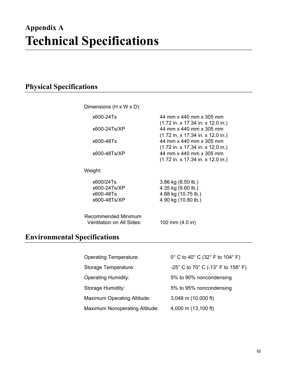 Appendix a, Technical specifications, Physical specifications | Environmental specifications, Appendix a: technical specifications | Allied Telesis x600-48Ts/XP User Manual | Page 65 / 72