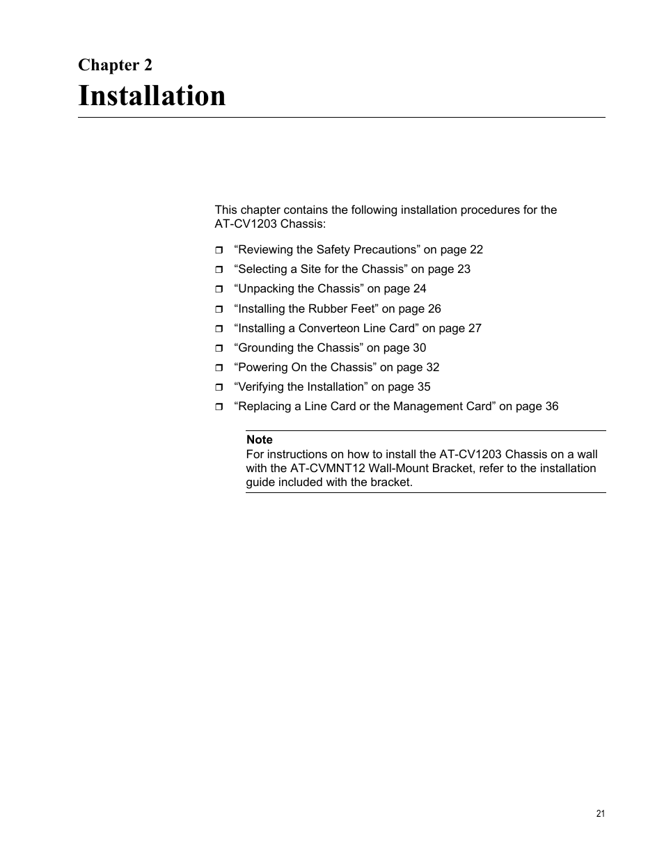 Chapter 2, Installation, R 2: installation | Allied Telesis AT-CV1203 User Manual | Page 21 / 38