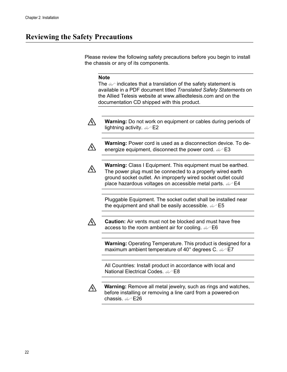 Reviewing the safety precautions | Allied Telesis AT-CV1203 User Manual | Page 22 / 38