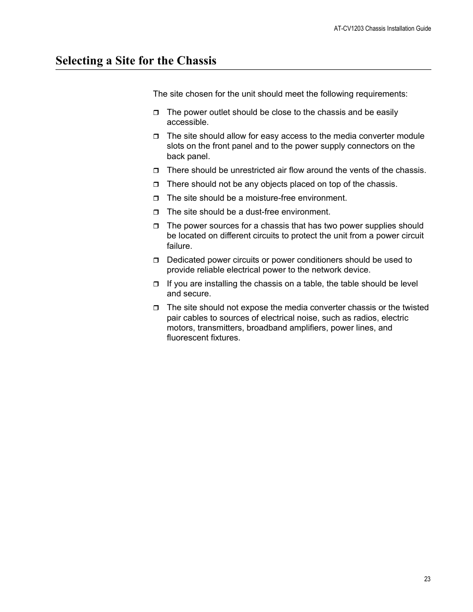 Selecting a site for the chassis | Allied Telesis AT-CV1203 User Manual | Page 23 / 38