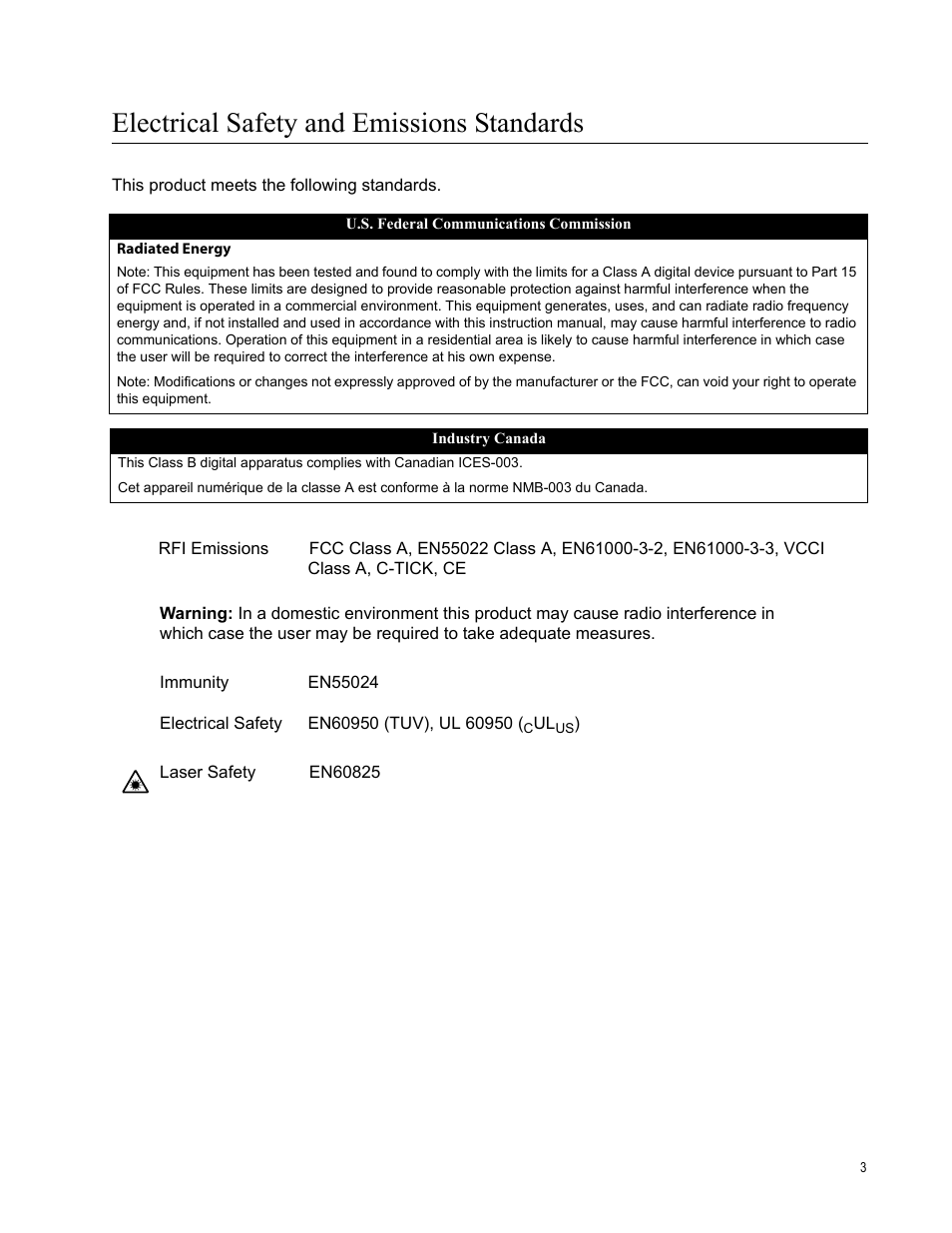 Electrical safety and emissions standards | Allied Telesis AT-CV1203 User Manual | Page 3 / 38
