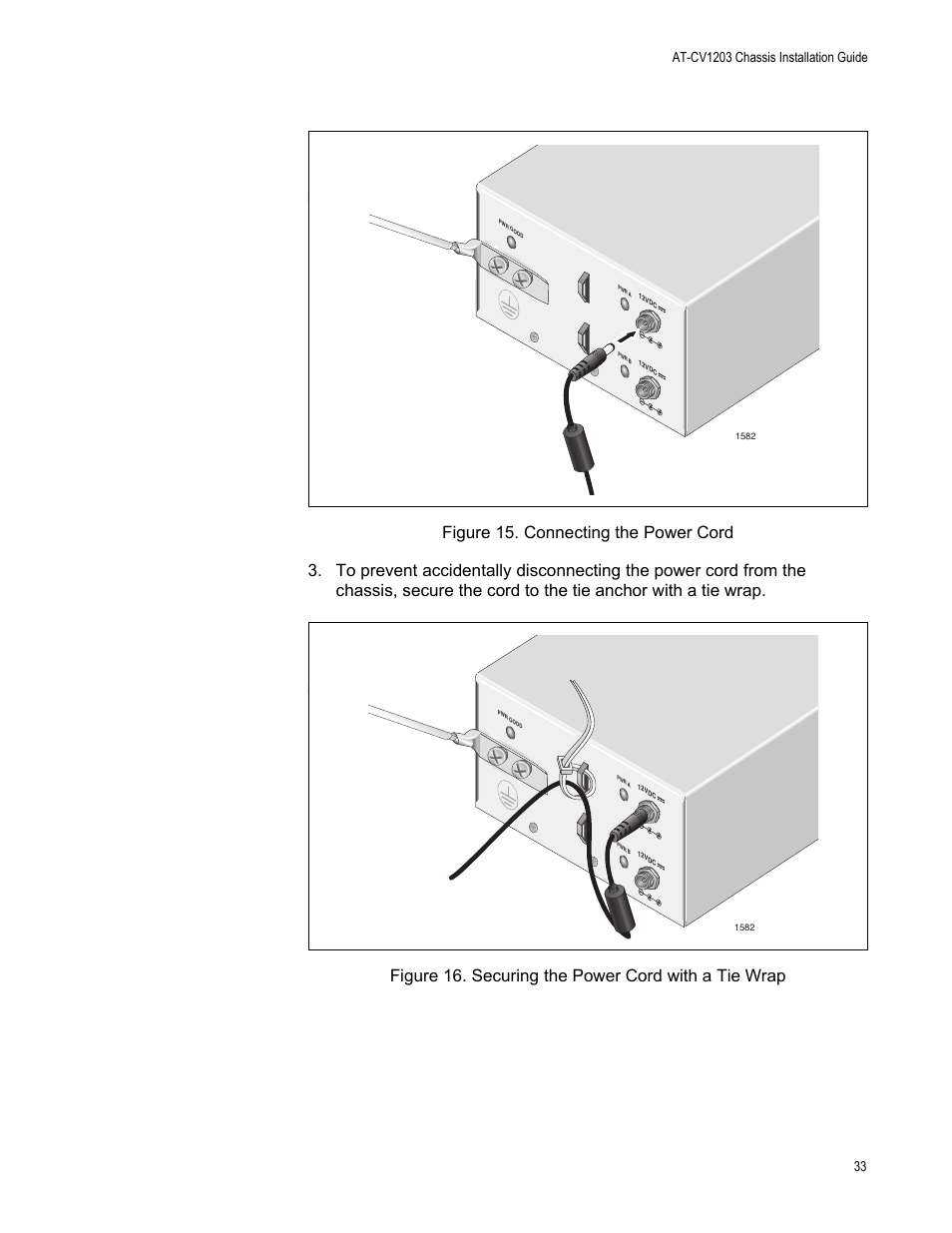 Figure 15. connecting the power cord, Securing the power cord with a tie wrap | Allied Telesis AT-CV1203 User Manual | Page 33 / 38