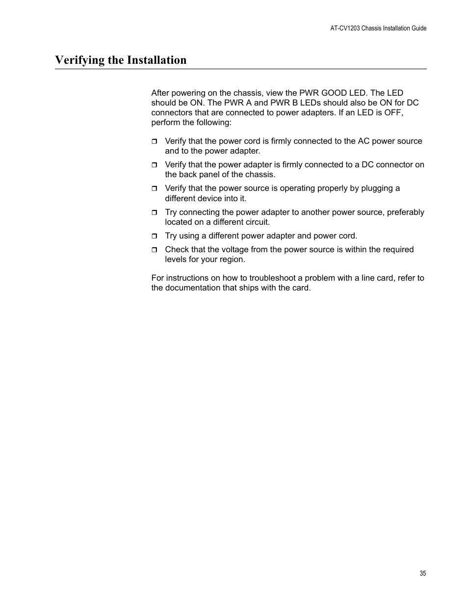 Verifying the installation | Allied Telesis AT-CV1203 User Manual | Page 35 / 38