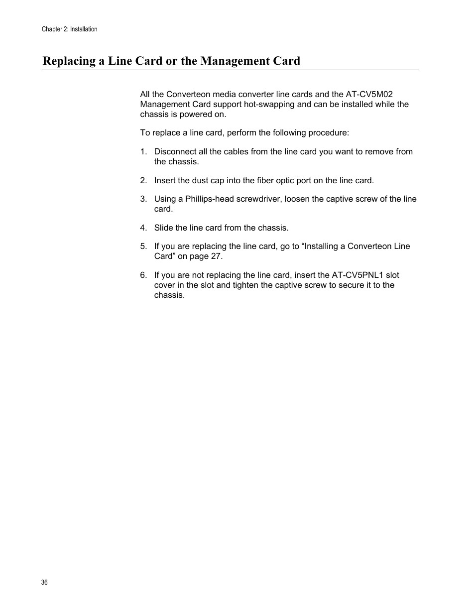 Replacing a line card or the management card | Allied Telesis AT-CV1203 User Manual | Page 36 / 38