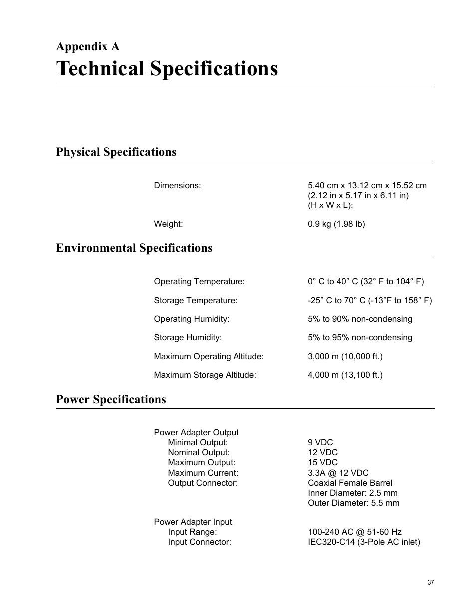 Appendix a, Technical specifications, Physical specifications | Environmental specifications, Power specifications, Appendix a: technical specifications | Allied Telesis AT-CV1203 User Manual | Page 37 / 38