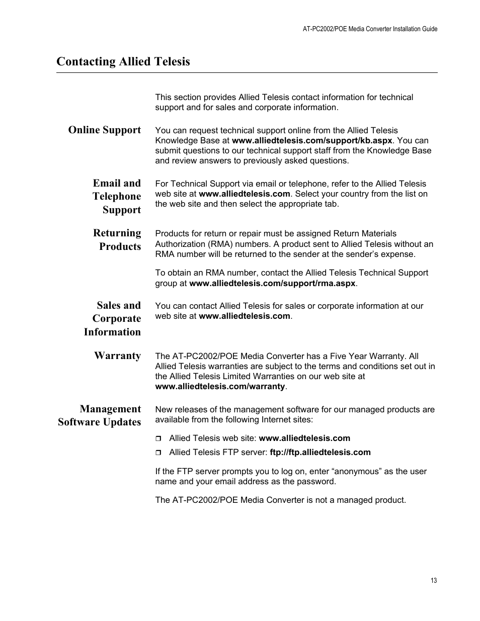 Contacting allied telesis, Online support, Email and telephone support | Returning products, Sales and corporate information, Warranty, Management software updates | Allied Telesis AT-PC2002/POE User Manual | Page 13 / 68