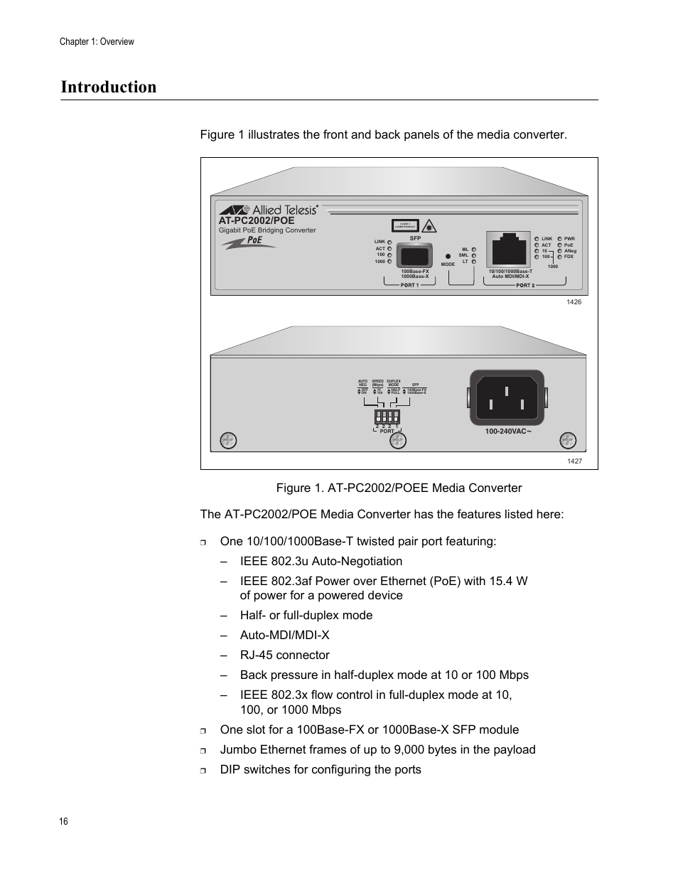 Introduction, Figure 1: at-pc2002/poee media converter, Dip switches for configuring the ports | Chapter 1: overview 16, At-pc2002/poe | Allied Telesis AT-PC2002/POE User Manual | Page 16 / 68
