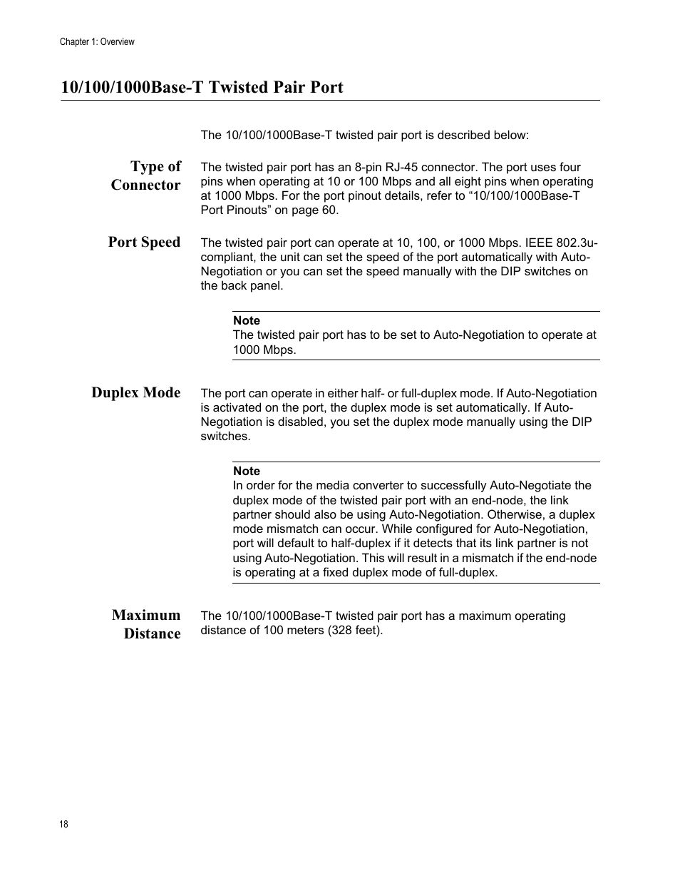 10/100/1000base-t twisted pair port, Type of connector, Port speed | Duplex mode, Maximum distance | Allied Telesis AT-PC2002/POE User Manual | Page 18 / 68