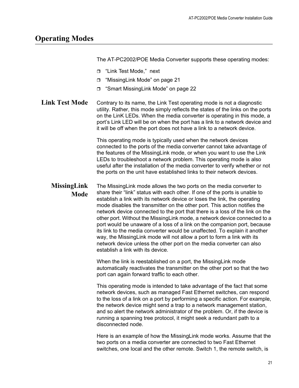 Operating modes, Link test mode, Missinglink mode | Link test mode missinglink mode | Allied Telesis AT-PC2002/POE User Manual | Page 21 / 68
