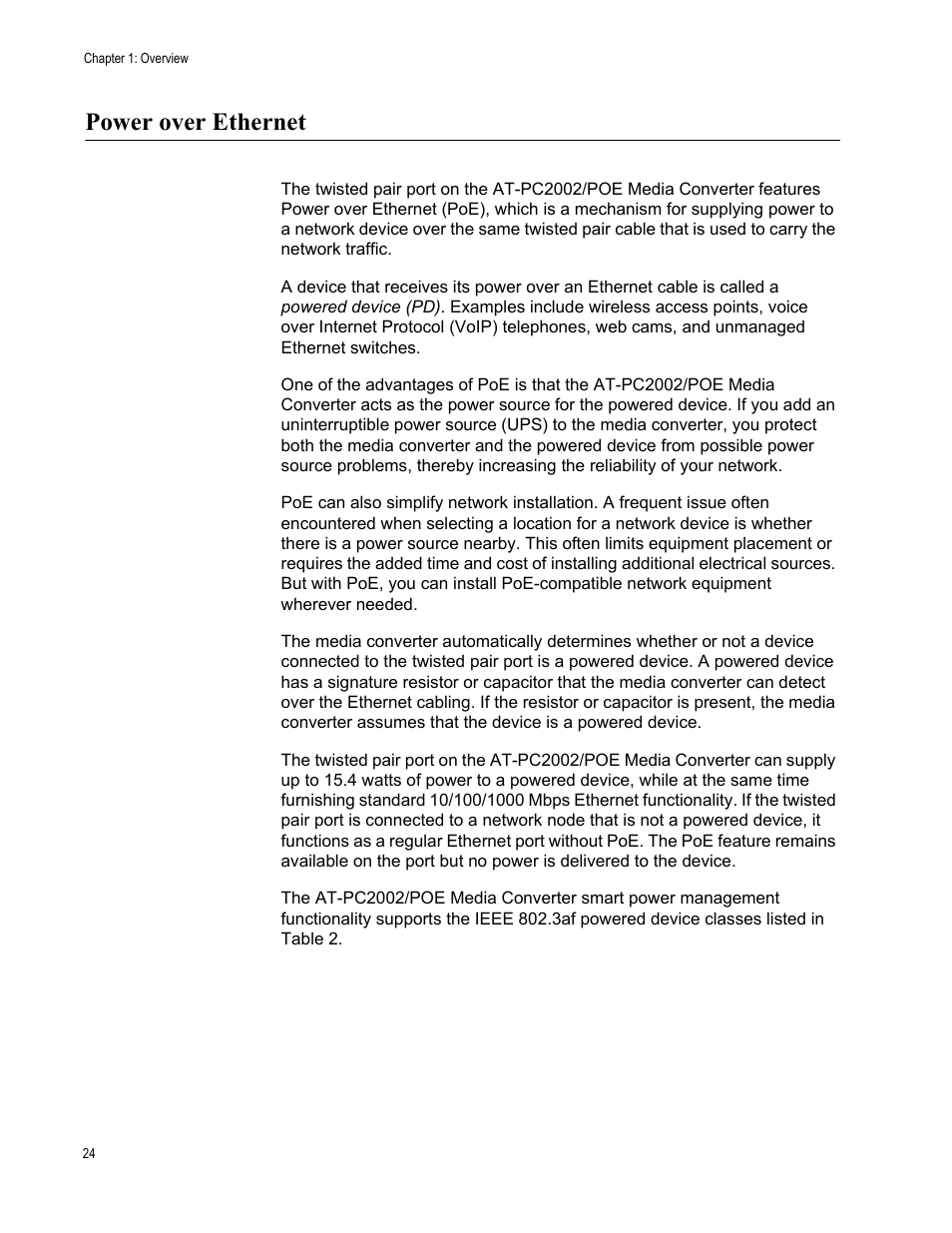 Power over ethernet | Allied Telesis AT-PC2002/POE User Manual | Page 24 / 68